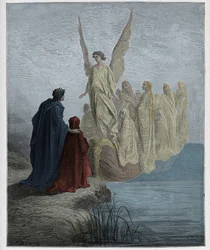 Purgatoire, Chant 2 : Le pilote céleste accoste le bateau, illustration de La Divine Comédie de Dante Alighieri, 1885 (gravure colorée numériquement)